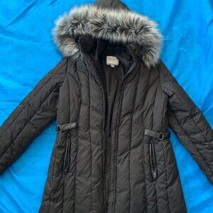 Nautica Hooded Puffer Coat Black with Gray Faux Fur Size XL